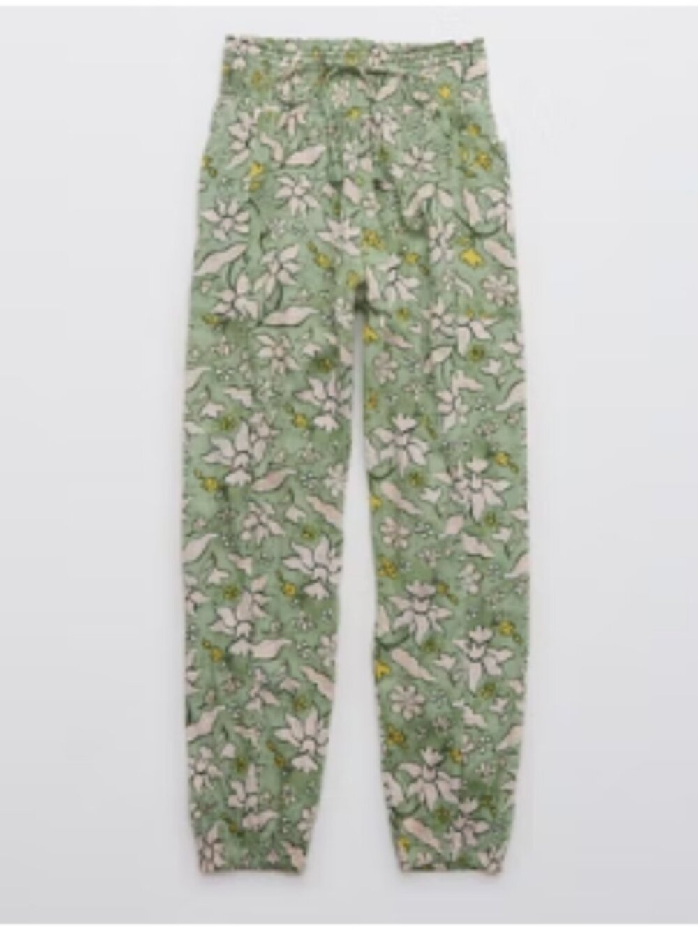 Aerie Smocked Gauzy Beach Pants S Green Floral Print High Waisted Jogger Pockets - Picture 3 of 6
